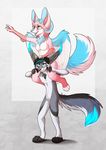  anthro aseethe big_ears blue_eyes canine female fennec fluffy fox fur grey_fur horn male mammal on_shoulders pink_fur wings 