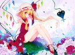  :o arms_at_sides balloon bangs bare_legs blonde_hair blue_fire blush bug building butterfly cross-laced_footwear crystal curly_hair daimaou_ruaeru dress fire flandre_scarlet floating_hair floating_island flower frilled_hat frilled_sleeves frills full_body grass hat hat_ribbon heart_balloon high_heels highres insect laevatein long_hair looking_at_viewer mob_cap necktie no_socks on_ground one_side_up outdoors petals red_dress red_eyes red_flower red_footwear red_ribbon red_rose ribbon rose saliva shoes short_necktie short_sleeves sitting solo touhou tower weapon white_flower white_hat white_rose wind wings yellow_neckwear 