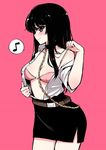  alphy bangs belt belt_buckle black_eyes black_hair black_skirt blush bra breasts buckle chain choker collarbone collared_shirt dress_shirt eighth_note fon_(alphy) gold_chain large_breasts long_hair looking_at_viewer looking_to_the_side musical_note off_shoulder open_clothes open_shirt original pencil_skirt pink_background pink_bra shirt short_sleeves simple_background skirt smile solo spoken_musical_note underwear white_shirt 