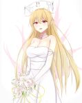  1girl :d alternate_costume bare_shoulders blonde_hair blush bouquet choker collarbone commentary_request crescent_necklace dress earrings elbow_gloves eyebrows_visible_through_hair flower gloves hair_between_eyes hair_ornament headdress highres holding holding_bouquet jewelry junko_(touhou) long_hair looking_at_viewer musteflott419 necklace open_mouth red_eyes smile solo strapless strapless_dress touhou very_long_hair wedding_dress white_background white_choker white_dress white_gloves 