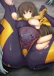 blush bodysuit breasts brown_hair embarrassed large_breasts looking_at_viewer monster muvluv_total_eclipse pregnant purple_eyes spread_legs takamura_yui 