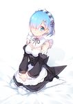  absurdres apron bed_sheet blue_eyes blue_hair breasts chilunchilun cleavage detached_collar detached_sleeves dress frilled_dress frills hair_ornament hair_over_one_eye hands_on_own_knees highres looking_at_viewer maid maid_apron maid_headdress medium_breasts on_bed re:zero_kara_hajimeru_isekai_seikatsu rem_(re:zero) ribbon-trimmed_sleeves ribbon_trim seiza shadow short_hair sitting smile solo thighhighs underbust white_legwear x_hair_ornament 