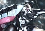  black_gloves black_legwear blonde_hair breasts from_below gloves graf_zeppelin_(kantai_collection) hat holding kantai_collection large_breasts long_hair looking_at_viewer looking_down military_hat miniskirt pantyhose peaked_cap rain skirt solo tsuuhan water wet 