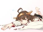 ahoge barefoot blue_eyes brown_hair colored_eyelashes cushion double_bun foreshortening hairband highres japanese_clothes kamome_donburi kantai_collection kongou_(kantai_collection) long_hair looking_at_viewer lying miniskirt nontraditional_miko on_stomach skirt smile solo wavy_mouth wide_sleeves 