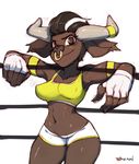  2016 anthro big_breasts bovine breasts brown_eyes cattle clothing facial_piercing female fingerless_gloves gloves hair horn looking_at_viewer maiz-ken mammal nose_piercing nose_ring piercing shorts simple_background smile solo white_background 