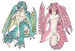  2016 anthro anthrofied areola armpits azure_rathalos biceps black_scales blue_eyes blue_scales breasts capcom claws covering duo english_text female flying_wyvern hair iggi kneeling long_hair looking_at_viewer male marker_(artwork) membranous_wings monster_hunter multicolored_hair muscular navel nipples nude open_mouth orange_eyes pecs pink_hair pink_nipples pink_rathian pink_scales pussy raised_arm rathalos rathian red_hair red_scales scales scalie sharp_teeth signature simple_background smile spikes teeth text toe_claws traditional_media_(artwork) two_tone_hair video_games white_background white_scales wings wyvern 