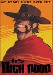  :d absurdres bad_id bad_twitter_id beard black_hair brown_eyes cape cowboy_hat english facial_hair grin hat hat_over_one_eye highres looking_at_viewer male_focus mccree_(overwatch) mustache open_mouth overwatch poncho red_cape smile smug solo spiked_hair torn_clothes torn_hat upper_body western 