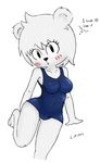  bear bikini blush breasts camel_toe cartoon_network clothed clothing curious dialogue female fur hair looking_at_viewer mammal navel open_mouth pose presenting seductive simple_background solo swimsuit teri text the_amazing_world_of_gumball ultama_lokshar_(artist) 