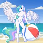  2016 absurd_res anthro anthrofied areola ball beach beach_ball big_breasts breasts cloud daf equine feathered_wings feathers female friendship_is_magic hair hi_res horn long_hair looking_at_viewer mammal multicolored_hair my_little_pony navel nipples nude outside princess_celestia_(mlp) pussy seaside sky smile solo spread_wings standing water winged_unicorn wings 