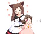  2girls :&lt; :d ^_^ aesop's_fables animal_ears bebeneko brooch brown_hair bunny_ears bunny_tail carrot_necklace closed_eyes dress eyebrows eyebrows_visible_through_hair fang floppy_ears flower folklore imaizumi_kagerou inaba_tewi jewelry long_hair long_sleeves multiple_girls open_mouth pink_dress pink_eyes short_hair short_sleeves smile tail the_boy_who_cried_wolf touhou triangle_mouth wide_sleeves wolf_ears 