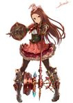  &gt;:) absurdres armor brown_eyes brown_hair buckler corset floral_print frilled_skirt frills full_body gauntlets granblue_fantasy greaves highres idolmaster idolmaster_(classic) long_hair looking_at_viewer mace minase_iori outstretched_arm pink_skirt serious shield short_eyebrows signature simple_background skirt smile solo spiked_mace stuffed_animal stuffed_bunny stuffed_toy v-shaped_eyebrows weapon weapon_stand white_background yatsuka_(846) 
