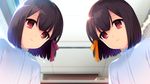  akeiro_kaikitan bob_cut brown_hair curtains dress eyebrows eyebrows_visible_through_hair from_below game_cg hair_between_eyes hair_ribbon lipgloss lips looking_at_viewer multiple_girls red_eyes red_ribbon ribbon ruka_(akeiro_kaikitan) ruri_(akeiro_kaikitan) same_face shirt short_hair siblings sisters sumeragi_kohaku table twins yellow_ribbon 