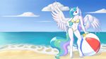  2016 absurd_res anthro anthrofied ball beach beach_ball big_breasts bikini breasts clothed clothing cloud daf equine feathered_wings feathers female friendship_is_magic hair hi_res horn long_hair looking_at_viewer mammal multicolored_hair my_little_pony navel outside princess_celestia_(mlp) seaside sky smile solo spread_wings standing swimsuit wallpaper water winged_unicorn wings 