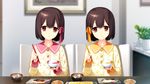  akeiro_kaikitan bob_cut bowl brown_hair chair chopsticks collarbone flat_chest food frame game_cg hair_ribbon long_sleeves looking_at_viewer miso_soup multiple_girls plant red_eyes ribbon rice rice_bowl ruka_(akeiro_kaikitan) ruri_(akeiro_kaikitan) salmon short_hair siblings sisters sumeragi_kohaku table twins 