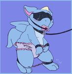  age_play ambiguous_gender anthro bdsm blindfold blue_background blue_skin bondage bound diaper dragon drooling fuf gag leash saliva scalie simple_background solo wings 