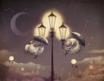  building castle lamp_post moon night night_sky no_humans original outdoors parallela66 pillow sheep sheep_horns umbrella 