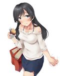  1girl bad_id bad_pixiv_id bare_shoulders black_hair blush casual food girls_und_panzer hetero highres holding_hands isuzu_hana long_hair nksk out_of_frame sketch solo_focus sweet_potato 