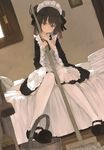  adachi_jun apron bed black_hair brown_eyes brush bucket double_bun dress eyebrows eyebrows_visible_through_hair foreshortening frills hair_ribbon looking_at_viewer maid maid_apron maid_headdress mary_janes mop original pantyhose picture_frame ribbon shoes short_hair sitting solo white_legwear 