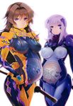  bodysuit breasts brown_hair large_breasts looking_at_viewer monster muvluv_total_eclipse pregnant purple_eyes takamura_yui 