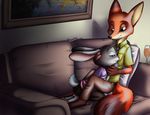  2016 anthro barefoot beverage black_nose blue_eyes blush brown_fur clothed clothing disney duo english_text female food fur glass green_eyes grey_fur half-closed-eyes inside judy_hopps kneeling male male/female mancoin necktie nick_wilde pants pillow pink_nose pink_pawpads portrait romantic_couple shirt signature sitting smile sofa text zootopia 