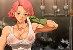  bare_shoulders biceps breasts cleavage covered_nipples gloves goggles goggles_on_head green_eyes green_gloves koutetsujou_no_kabaneri large_breasts muscle muscular_female pink_hair see-through shirt short_hair shoujo_donburi solo steampunk sweat tank_top wet wet_clothes wet_shirt yukina_(kabaneri) 