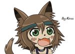  :3 :d animal_ears artist_name bandana blush blush_stickers brown_hair chibi commentary dark_skin dog_ears dog_tail dot_nose english english_commentary eyebrows eyebrows_visible_through_hair fangs fur green_eyes gyate_gyate hair_ornament highres jewelry kiros kobold meme monster_girl monster_musume_no_iru_nichijou necklace open_mouth pendant polt signature smile solo tail teeth white_background 