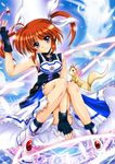  armor armored_boots armored_dress black_gloves blue_eyes blush boots bow brown_hair copyright_name dress english ferret fingerless_gloves gloves hair_ribbon highres looking_at_viewer lyrical_nanoha magic_circle magical_girl mahou_shoujo_lyrical_nanoha raising_heart red_bow ribbon san-pon short_twintails sitting smile solo takamachi_nanoha twintails white_dress white_footwear yuuno_scrya 