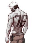  back bad_id bad_twitter_id bare_shoulders belt from_behind highres looking_at_viewer looking_back male_focus mask muscle neck number overwatch pants purple_eyes shirtless simple_background soldier:_76_(overwatch) solo tattoo tool_belt white_background white_hair won_jade 