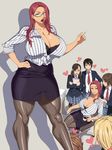  black_hair blazer blue_eyes blush bra breasts brown_hair chair chalk cleavage coffee coffee_mug cup desk glasses heart hidarikiki highres huge_breasts jacket long_hair looking_at_another mature mug multiple_girls muscle necktie open_mouth original pantyhose pinstripe_pattern red_hair school_uniform shirt short_hair shoulder_massage sitting skirt smile striped swivel_chair teacher teacher_and_student underwear yuri 