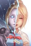  blonde_hair blue_eyes box commentary_request dual_persona eliskalti english father's_day gift gift_box giving league_of_legends lightning one_eye_closed orianna_reveck robot short_hair 