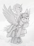  annoyed clothing cutie_mark equine fan_character feathers flying greyscale hair headphones hi_res hooves horn mammal monochrome my_little_pony pegasus scared simple_background sitting sketch smile sticker suitcase unicorn white_background wings yakovlev-vad 