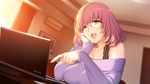  air_conditioner akeiro_kaikitan arm_support bra bra_strap breasts brown_eyes chair charger chestnut_mouth collarbone couch curtains door dress frame glasses indoors kuzumi_misato large_breasts lipgloss lips off-shoulder_dress off-shoulder_sweater off_shoulder open_mouth parted_lips pink_hair purple_sweater smile solo sumeragi_kohaku sweater sweater_dress table underwear window 