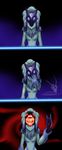  2015 anthro blue_background blue_fur breasts canine caprine comic english_text featureless_breasts female fur grey_fur hi_res kindred_(lol) league_of_legends looking_at_viewer mammal mancoin mask nightmare_fuel nude red_background sheep simple_background small_breasts solo teeth text video_games watermark 