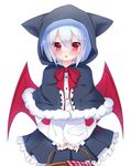  :o animal_hood bad_id bad_pixiv_id bangs basket bat_wings blue_hair blush bow capelet dress eyebrows eyebrows_visible_through_hair fang frilled_skirt frilled_sleeves frills genderswap genderswap_(mtf) hair_between_eyes highres holding hood long_sleeves looking_at_viewer muraji0419 plaid pleated_skirt pop'n_music red_eyes short_hair simple_background skirt solo white_background wings yuli_(pop'n_music) 