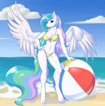  2016 absurd_res anthro anthrofied ball beach beach_ball big_breasts bikini breasts clothed clothing cloud daf equine feathered_wings feathers female friendship_is_magic hair hi_res horn long_hair looking_at_viewer mammal multicolored_hair my_little_pony navel outside princess_celestia_(mlp) seaside sky smile solo spread_wings standing swimsuit water winged_unicorn wings 