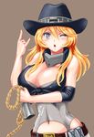  \m/ bell blonde_hair blue_eyes breasts cleavage cow_bell cowboy_hat hat highres iowa_(kantai_collection) kantai_collection large_breasts long_hair maboroshi_dandy no_gloves one_eye_closed rope solo western 