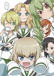  6+girls absurdres alternate_costume anchovy asymmetrical_bangs bangs black_hair blonde_hair blue_eyes brown_eyes brown_hair commentary_request cup darjeeling drill_hair eyebrows eyebrows_visible_through_hair girls_und_panzer green_eyes green_hair green_skirt hair_between_eyes hair_ribbon hair_up highres katyusha kay_(girls_und_panzer) multiple_girls neckerchief nishi_kinuyo nishizumi_miho one_eye_closed ooarai_school_uniform open_mouth orange_hair oversized_clothes parted_bangs pleated_skirt ribbon saucer school_uniform serafuku skirt sleeves_past_fingers sleeves_past_wrists smile spoken_ellipsis teacup twin_drills yamamoto_souichirou 