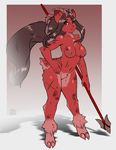  2016 absurd_res anthro avante92 breasts female hair hi_res horn long_hair looking_at_viewer melee_weapon nipples nude polearm solo spear unknown_species weapon 