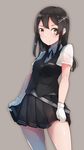  belt black_hair blush buttons comah gloves hair_ornament hairclip kantai_collection long_hair looking_at_viewer oyashio_(kantai_collection) pleated_skirt school_uniform short_sleeves simple_background skirt solo vest white_gloves yellow_eyes 
