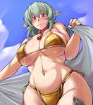  animal_ears bikini blush breasts cloud cow_ears cow_tail day from_below grey_hair large_breasts long_hair looking_at_viewer nail_polish navel red_eyes rozen_maiden sky smile solo suigintou swimsuit tail towel tsuda_nanafushi wet yellow_bikini 