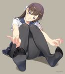  ass black_legwear blue_eyes blush brown_hair crotch_seam dorsiflexion feet hair_ribbon half_updo hands hands_on_feet knees_up koinumaru-san long_hair looking_at_viewer mibu_natsuki original panties panties_under_pantyhose pantyhose ribbon school_uniform serafuku sitting skirt soles solo toes underwear white_ribbon 