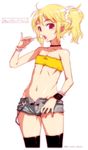  bandeau blonde_hair candy choker cowboy_shot earrings flat_chest food jewelry lollipop midriff mudou_eichi red_eyes short_hair short_shorts shorts solo strapless thighhighs twintails unbuttoned 