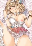  alternate_costume areolae bed_sheet blonde_hair blush breasts breasts_outside cameltoe djeeta_(granblue_fantasy) dress frilled_skirt frills from_above granblue_fantasy hair_in_mouth hairband kurokoeda large_breasts looking_at_viewer lying midriff mouth_hold navel nipples off_shoulder on_back panties shiny shiny_skin short_hair skirt solo strap_slip superstar_(granblue_fantasy) tears thighs underwear white_dress white_panties yellow_eyes 
