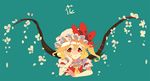  bad_id bad_pixiv_id blonde_hair bow cheong_ha elbow_rest flandre_scarlet flower green_background hat hat_bow mob_cap red_eyes side_ponytail solo touhou wings 