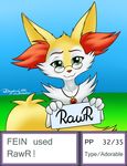  2016 biped blue_background blush braixen canine cute english_text eyewear fan_character fein_(silverfox100) feral fox freckles fur glasses green_background green_eyes gui half-closed_eyes hi_res inner_ear_fluff jewelry looking_at_viewer mammal mancoin necklace nintendo nude outside pok&eacute;mon red_fur red_nose ring sign signature simple_background smile solo text video_games white_fur yellow_fur 