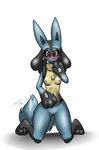  2014 anthro anthrofied areola black_fur blue_fur blush breasts canine english_text fur hi_res kneeling looking_at_viewer lucario mammal mancoin navel nintendo nipples open_mouth paws pink_nipples pok&eacute;mon pok&eacute;morph pussy red_eyes signature simple_background small_breasts smile spikes text tongue tuft video_games white_background yellow_fur 