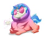  alpha_channel blue_hair clothing cup dimfann equine eyes_closed eyewear female friendship_is_magic hair hi_res hoodie horn horse magic mammal multicolored_hair my_little_pony pony smile solo sunglasses text two_tone_hair unicorn vinyl_scratch_(mlp) white_body 