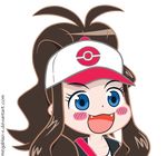  :3 :d antenna_hair bag baseball_cap black_vest blue_eyes blush blush_stickers brown_hair chibi commentary deviantart_username dot_nose english_commentary fangs flat_color gyate_gyate hat long_hair megablazi-x meme open_mouth poke_ball_print pokemon pokemon_(game) pokemon_bw ponytail ponytail_wag shirt shoulder_bag sleeveless sleeveless_shirt smile solo touko_(pokemon) transparent_background vest watermark web_address 