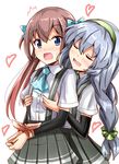  2girls :d aikawa_ryou arm_warmers asagumo_(kantai_collection) ascot blue_eyes blush bound bound_wrists braid brown_hair closed_eyes cowboy_shot flat_chest flat_chest_grab grabbing green_hairband hairband heart kantai_collection long_hair multiple_girls open_mouth pleated_skirt restrained school_uniform short_sleeves silver_hair skirt smile surprised suspenders twin_braids two_side_up very_long_hair wavy_mouth yamagumo_(kantai_collection) yuri 