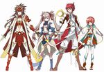  2girls armor bangs blonde_hair boots bow_(weapon) breasts brother_and_sister brothers brown_hair capelet cleavage fire_emblem fire_emblem_if fuujin_yumi genderswap genderswap_(ftm) genderswap_(mtf) gloves grey_hair hinoka_(fire_emblem_if) katana long_hair maruo_(mokurentenpu) medium_breasts multiple_boys multiple_girls naginata orange_eyes pink_hair polearm raijintou_(sword) red_eyes red_hair ryouma_(fire_emblem_if) sakura_(fire_emblem_if) siblings simple_background sisters small_breasts staff sword takumi_(fire_emblem_if) thighhighs twintails weapon white_background 